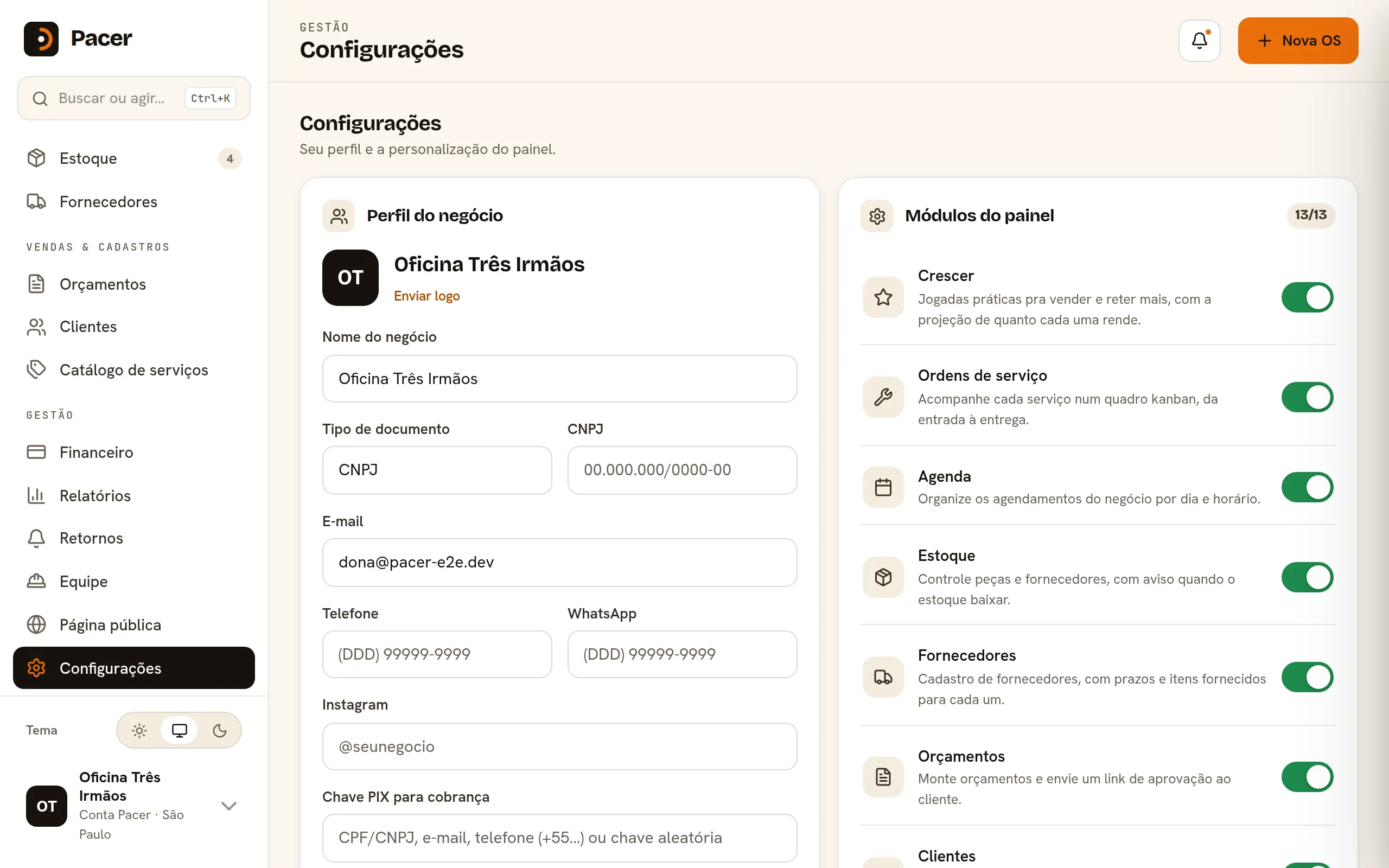 Configurações do Pacer com perfil da oficina e módulos disponíveis no painel.