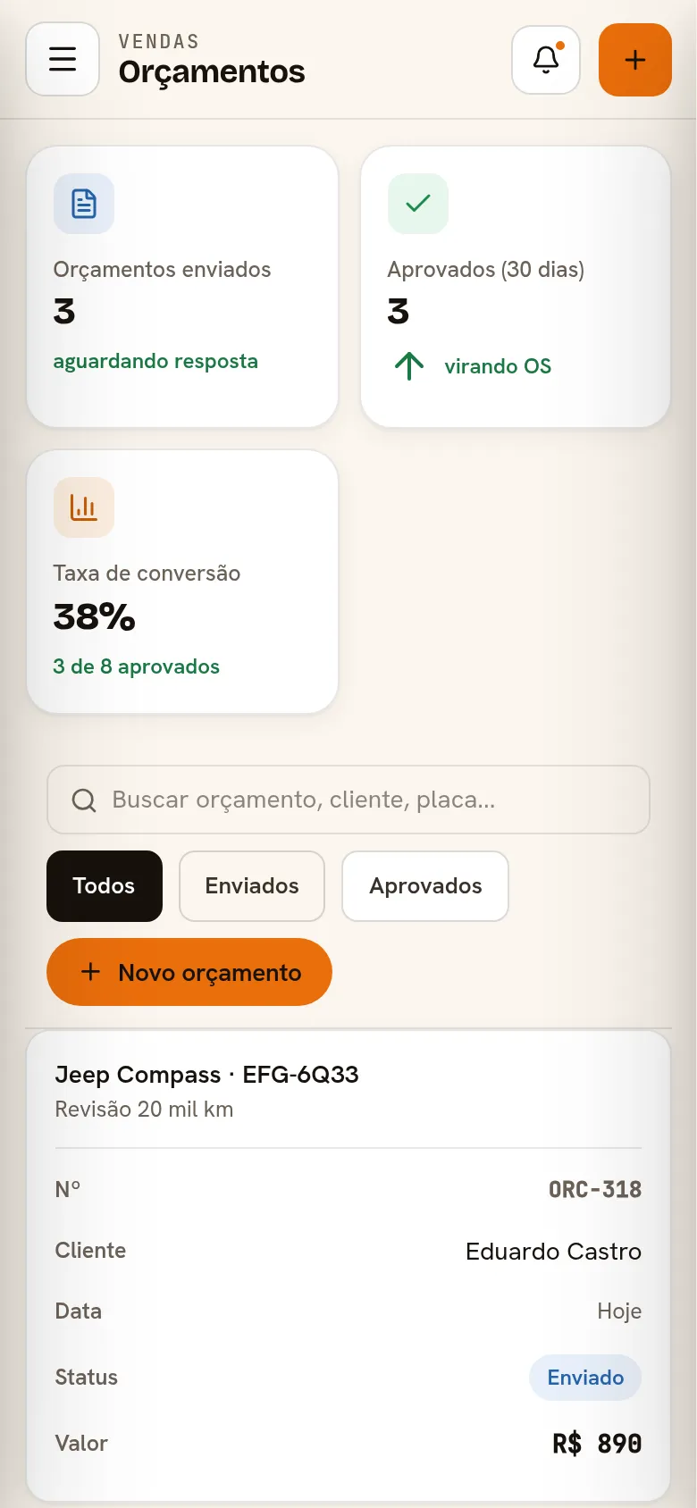 Orçamentos do Pacer no celular.