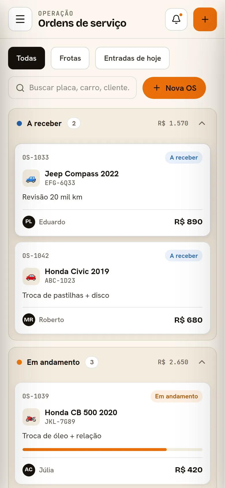 O mesmo quadro de ordens de serviço no celular.