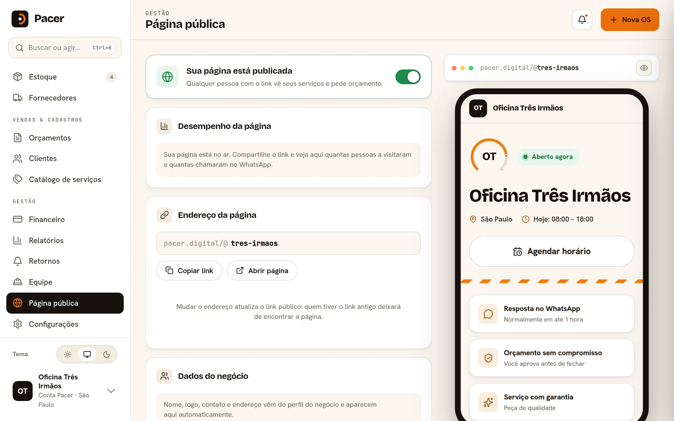 Editor do mini-site da oficina no Pacer com seções e prévia da página.