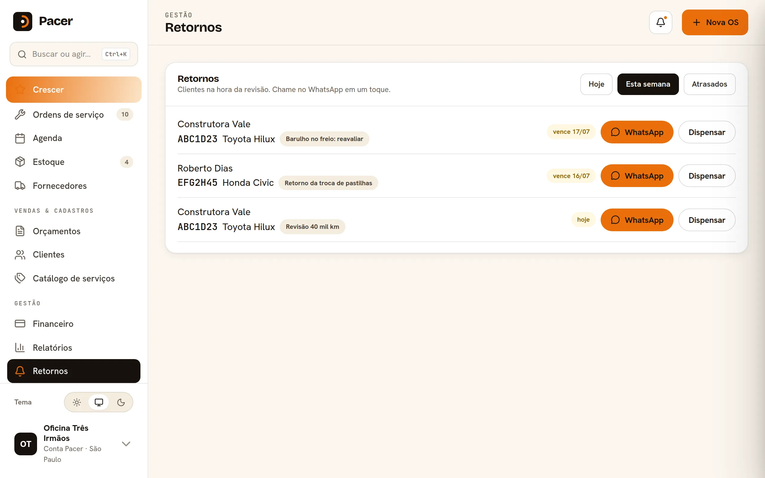 Retornos do Pacer com clientes na época da revisão e contato pelo WhatsApp.
